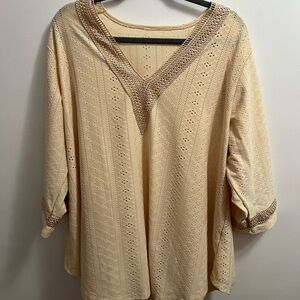 Light Yellow V-Neck Blouse with Crochet Trim